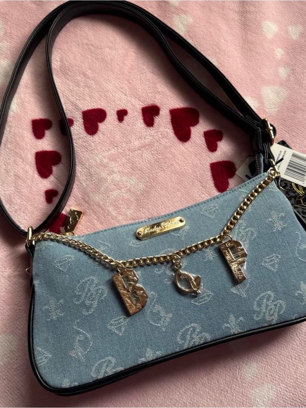 Baby Phat Light Blue Denim Shoulder Bag with Gold Charm Chain and Black Strap